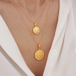 Greek Christian Necklace, Real Gold 14k Coin, Byzantine Cross Charm, Orthodox Solid Coin Necklace, Gold Double Sided Coin, Protection Gift