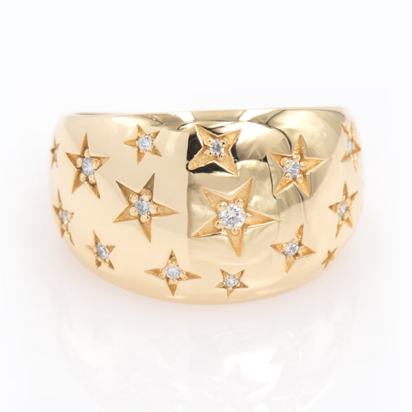 Diamant Starburst Ring, Diamant Nord Stern Ring, 585 Massivgold, Kuppelring, Chunky Ring, Statement Ring, Ring mit Sternen, Geschenk zum Abschluss