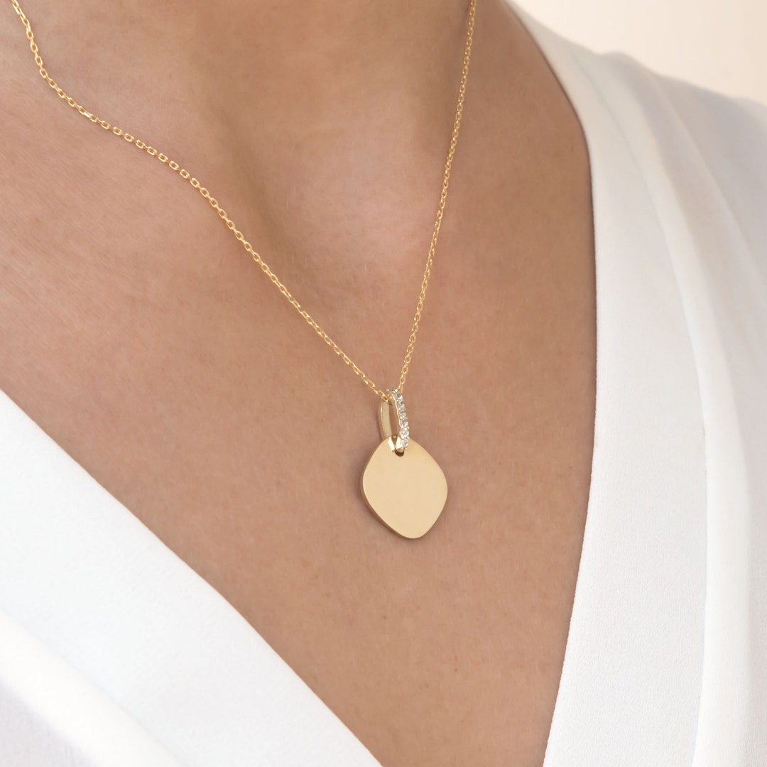 Solid Gold Tag Necklace 14k Gold ID Necklace Rhombus Pendant Etsy