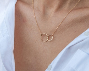 Gold Interlocking Circle Charms, Solid Gold Linked Rings, Eternity Circle Necklace, Double Circle 14k Charm, Mothers  Gold 14k Necklace