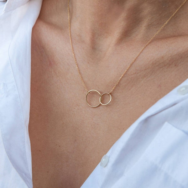 Gold Interlocking Double Circles Necklace, Solid Gold Linked Rings, Eternity Circle Necklace, Solid Gold 14k Necklace, Anniversary Gift