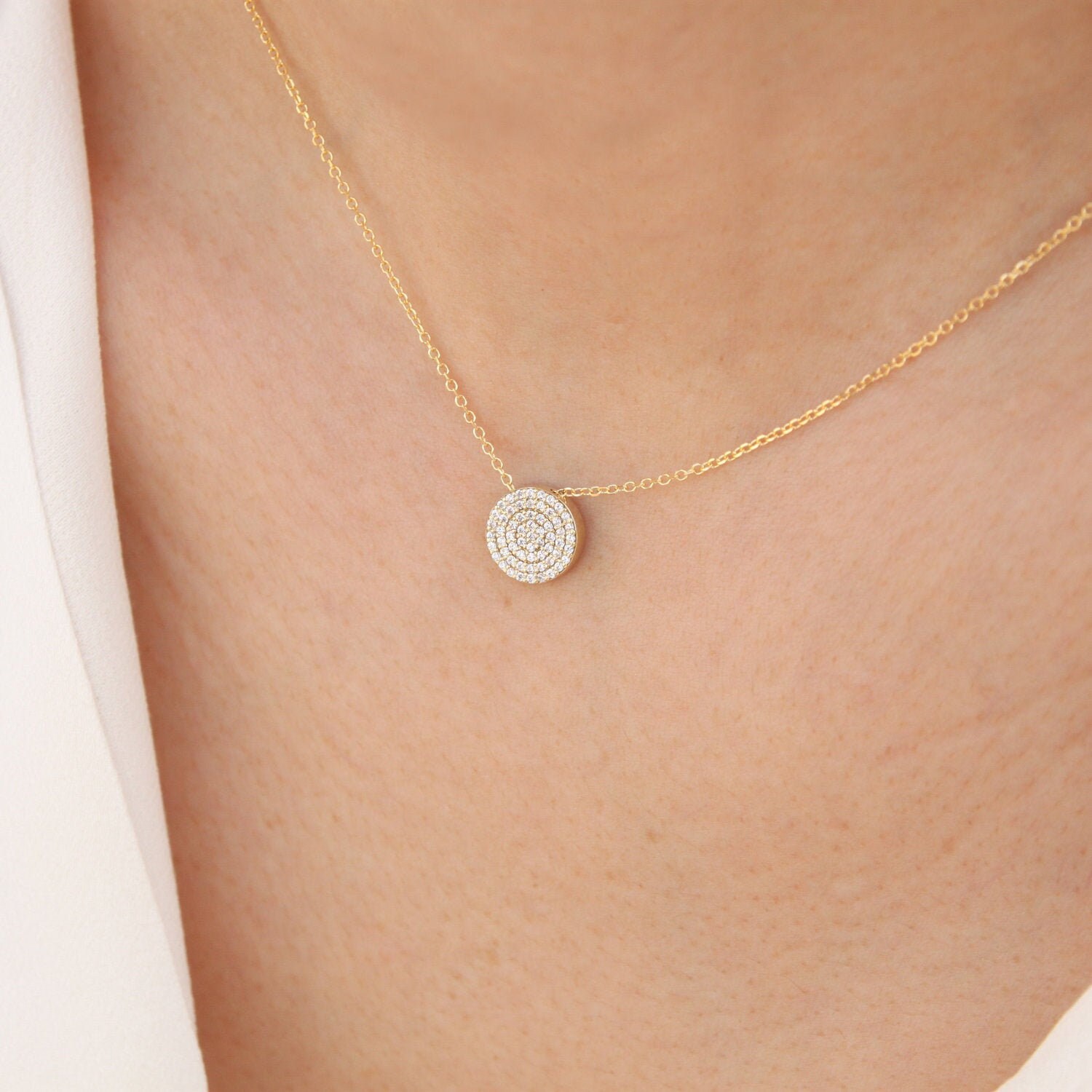 Disc Necklace, Diamond Disc Necklace, Gold Disc Necklace, Circle