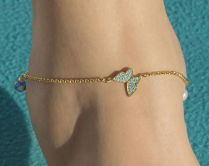 Gold Butterfly Anklet, Sideways Butterfly, Evil-eye Anklet, Silver Butterfly Anklet, Foot Jewelry, Body Jewelry, Chain Anklet, Beach Jewelry