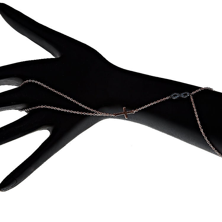 Hand Chain Bracelet, Infinity With Cross, Silver Slave Bracelet, Finger