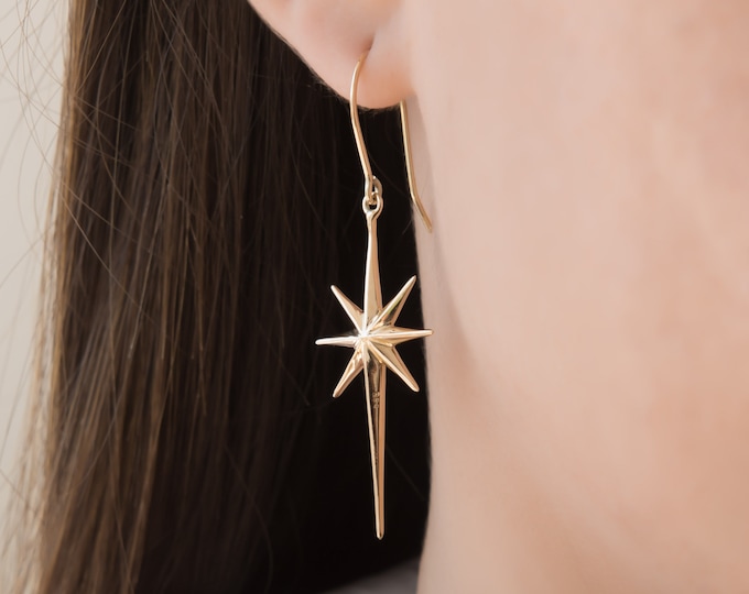 North Star Earrings / 14k Solid Gold Celestial North Star Diamond Earrings / Handmade Star Hanging Earrings / Gold Starburst Dangle Earrings