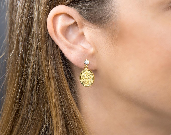Christian Earrings, Greek Christian Earrings, Solid Gold 14k Cross Earrings, Oval Charm, Byzantine Cross, Orthodox Gold Oval Earrings