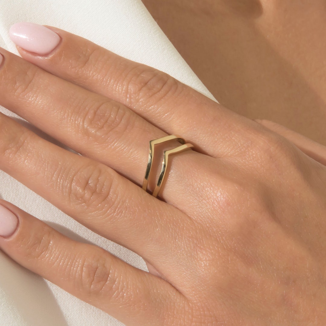 Deep Chevron V Ring with Natural Diamonds and Pearl in 14K Solid Gold -  Abhika Jewels