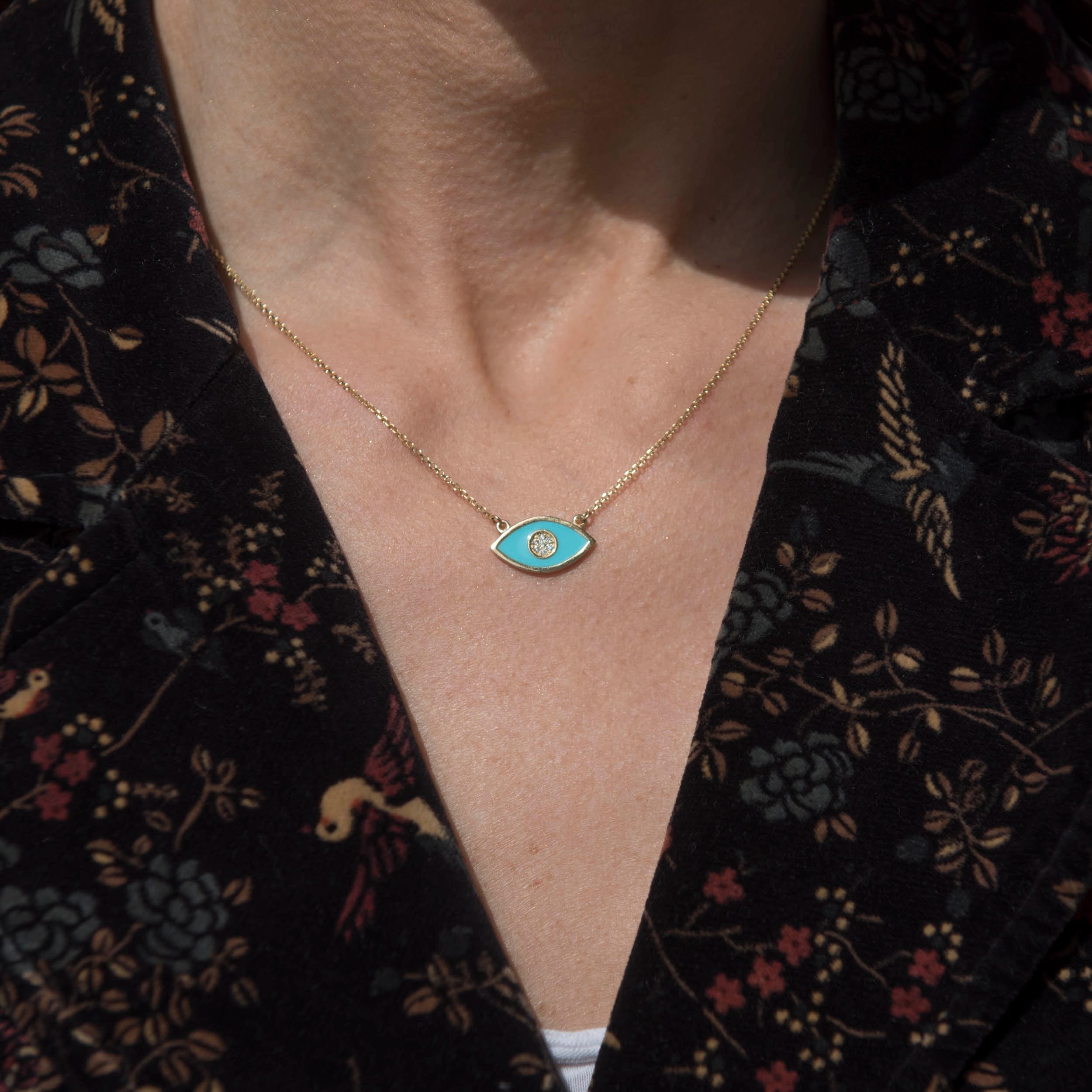 Gold Enamel Eye Necklace, Turquoise Evil Eye Necklace, Black Enamel Eye