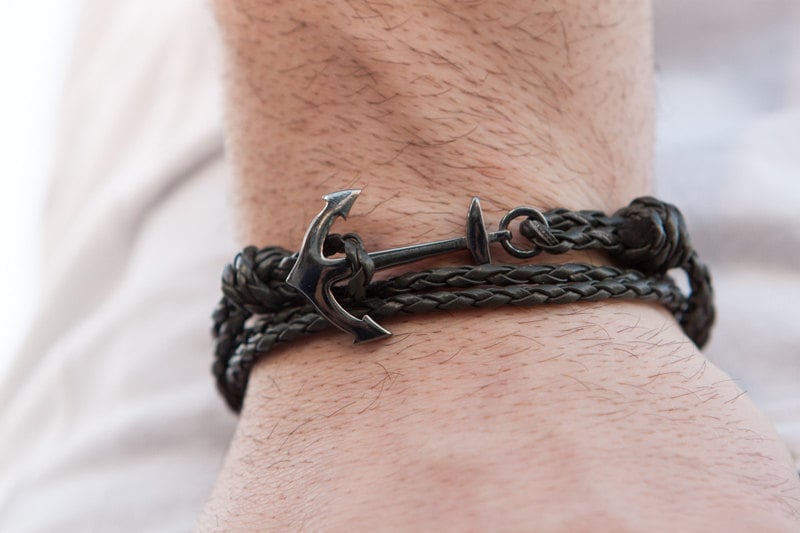 Navy Blue Leather Anchor Bracelet Mens Bracelet Leather 