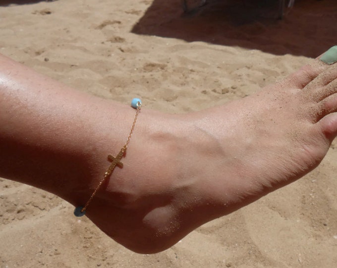 Gold Cross Anklet, Sideways Cross, Summer Anklet, Silver Cross Anklet, Turquoise Stone, Foot Jewelry, Beach Jewelry, Ankle Bracelet