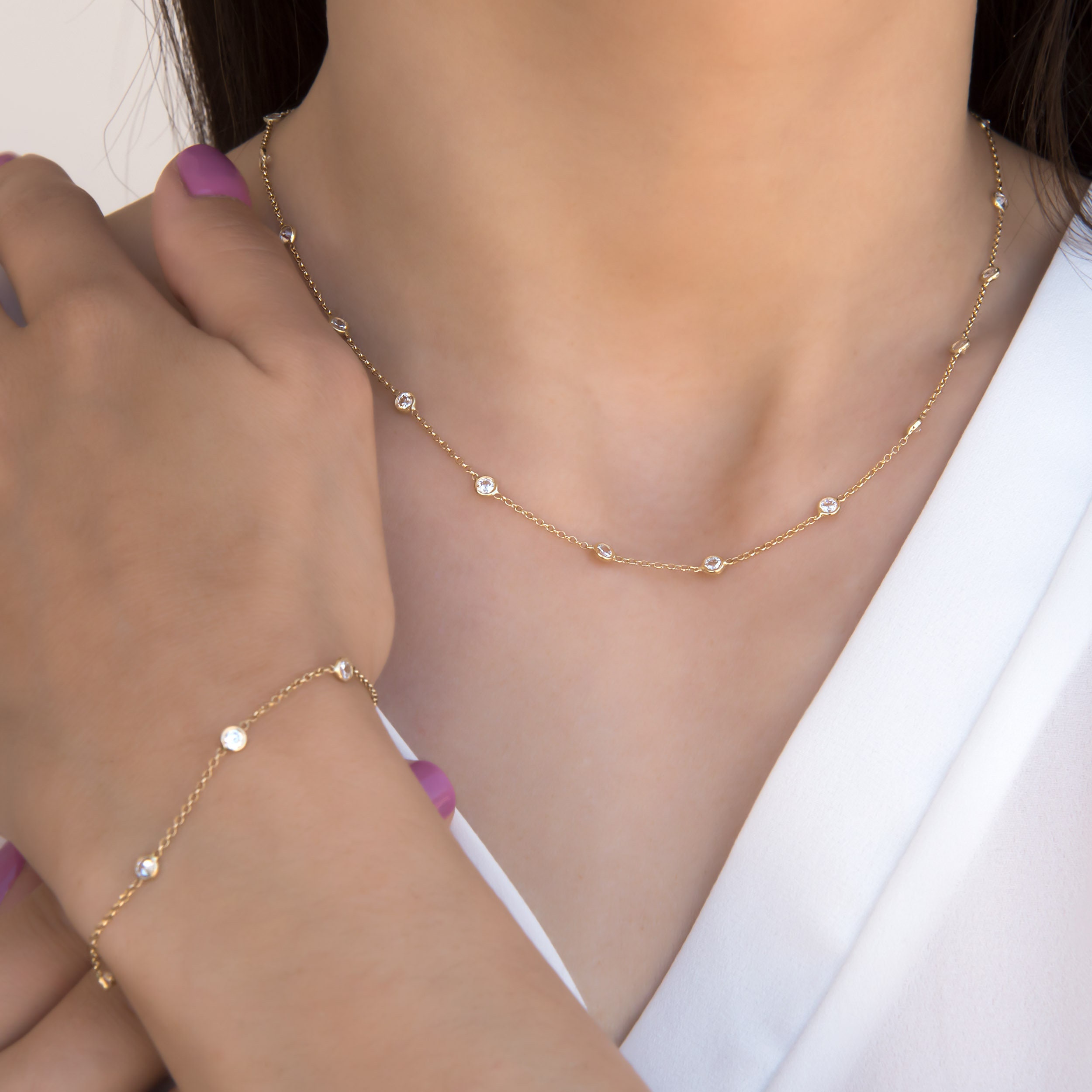 14k Gold Simulated Diamond by the Yard Bracelet \ Dainty Solid Gold Station Bracelet \ 14k Solid