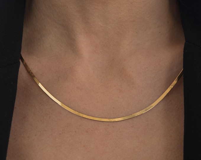 Snake Necklace, Layer High Polished Herringbone Necklace Chain, 14K Solid Yellow Gold 3 mm Stylish Unisex Chain, Snake Gold Chain Necklace