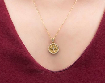 Christian Necklace, Greek Coin Charm, Byzantine Cross Pendant, Orthodox Gold Pendant, Religious Necklace, Solid Gold K14, Protection Gift