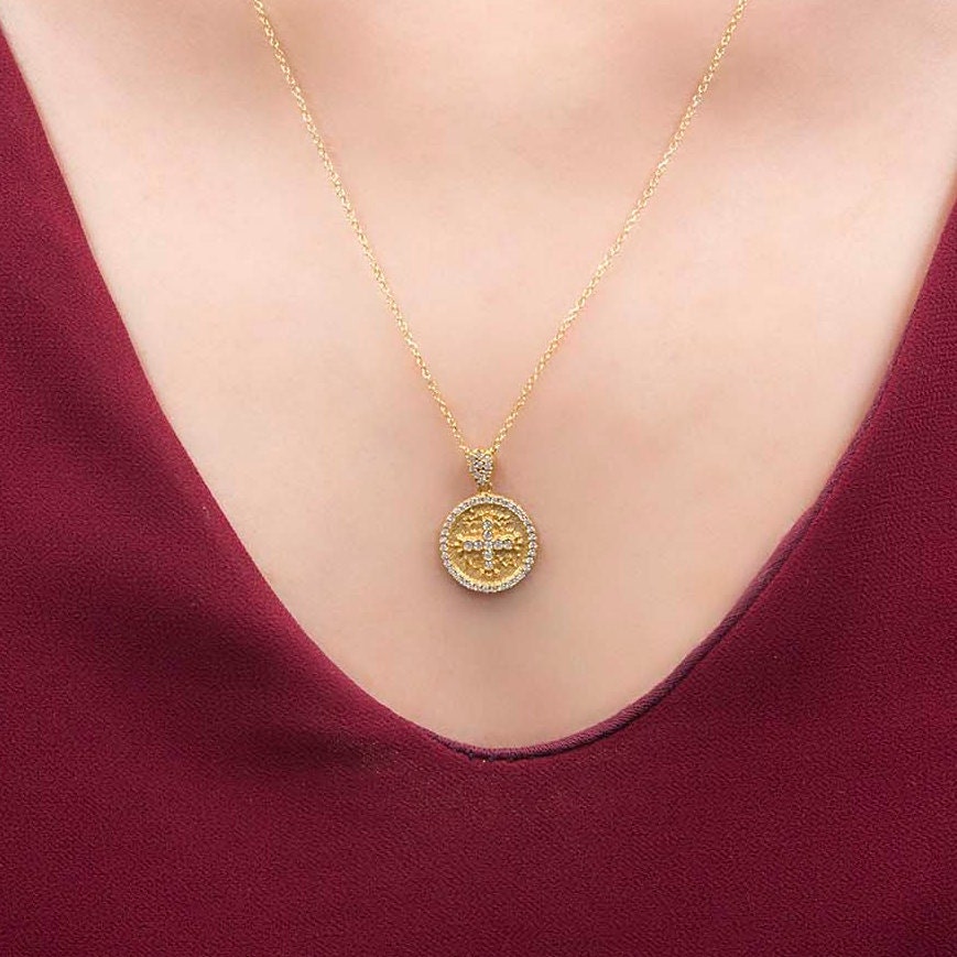 Solid Gold 14k Christian Necklace, Greek Christian Charm, Coin Charm