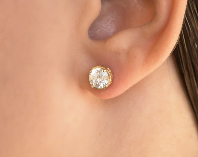 14k Gold Bezel Stud Earrings. Post Stud Earrings, Crown Bezel Simulated Diamond Earrings, Gemstone Earrings, Minimalist 14k Gold Studs
