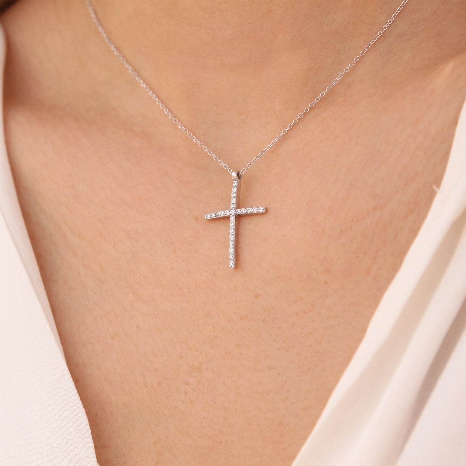 Diamond Cross Necklace Dainty Diamond Cross Baptism Etsy