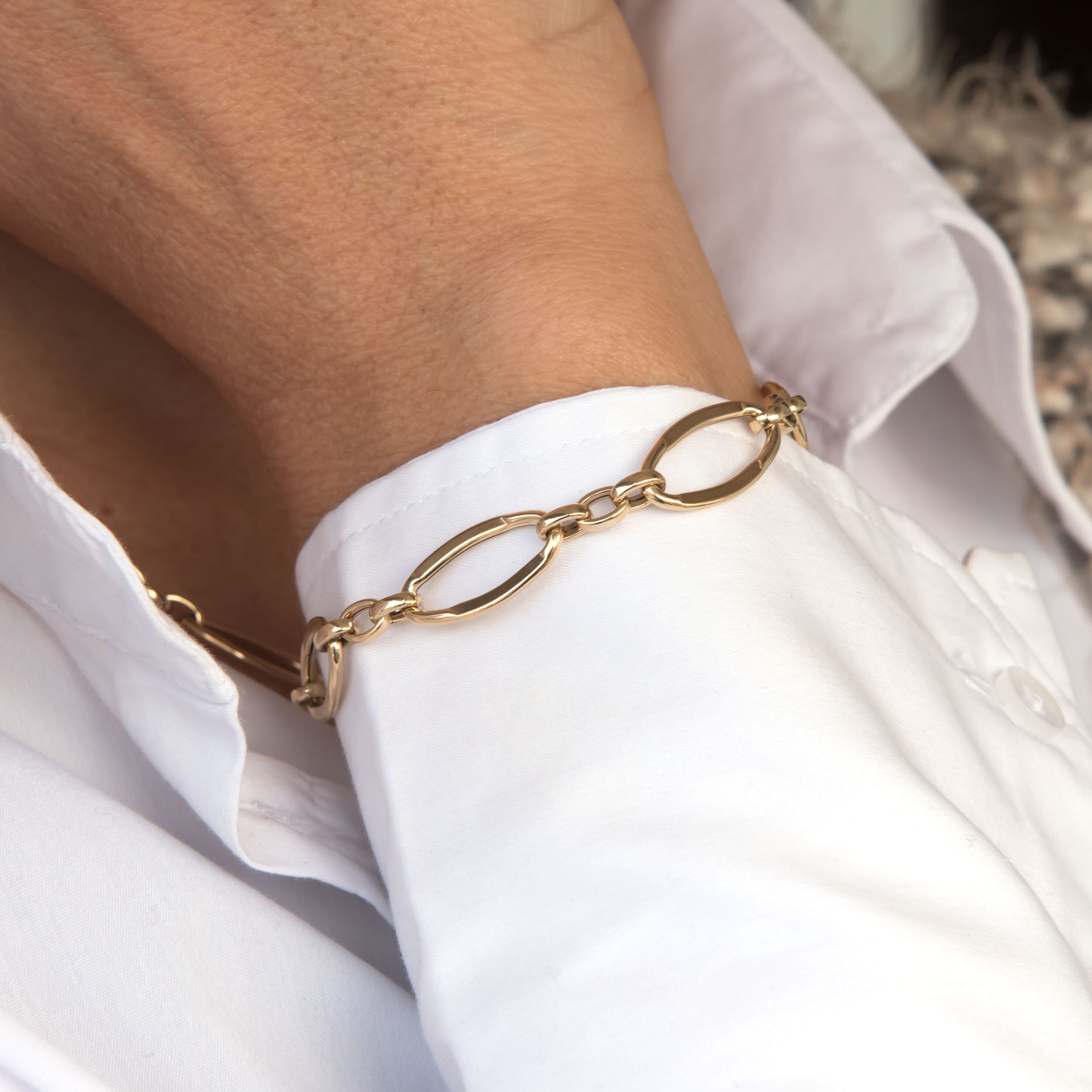 Oval Link Elongated Bracelet/ Real Gold Paper Clip Chain Bracelet / 14k