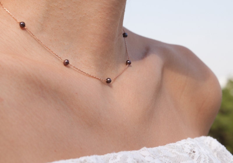 Floating Black Pearls, Pearl necklace, Statement Pearl, Wedding Necklace, Engagement Gift, Solid