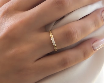 Diamant Ring zierlich, Hochzeit Diamant Band, Massiv Gold K14, Milgrain Ring, Stapelring, Zarte Ringe, Minimalistischer Ring, Geschenk Brautjungfer