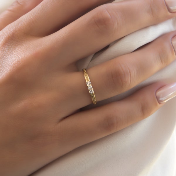 Diamond Dainty Ring, Wedding Diamond Band, Solid Gold K14, Milgrain Ring, Stacking Ring, Delicate Rings, Minimalist Ring, Bridesmaids Gift