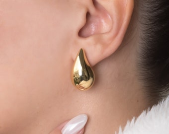 Pendientes de cúpula colgante Kendall de oro de 14 k, pendientes colgantes K14 de oro macizo, pendientes de perno grueso, pendientes de cúpula, pendientes de lágrima grandes, regalo para ella