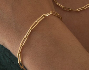 Cadena alargada de eslabón ovalado, oro macizo K14, cadena de clip de papel, pulsera de cadena en capas, cadena minimalista, pulsera de dinero viejo, regalo de madre