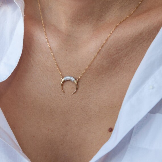 Diamonds Necklace Gold Horn Necklace Double Horn Necklace Moon