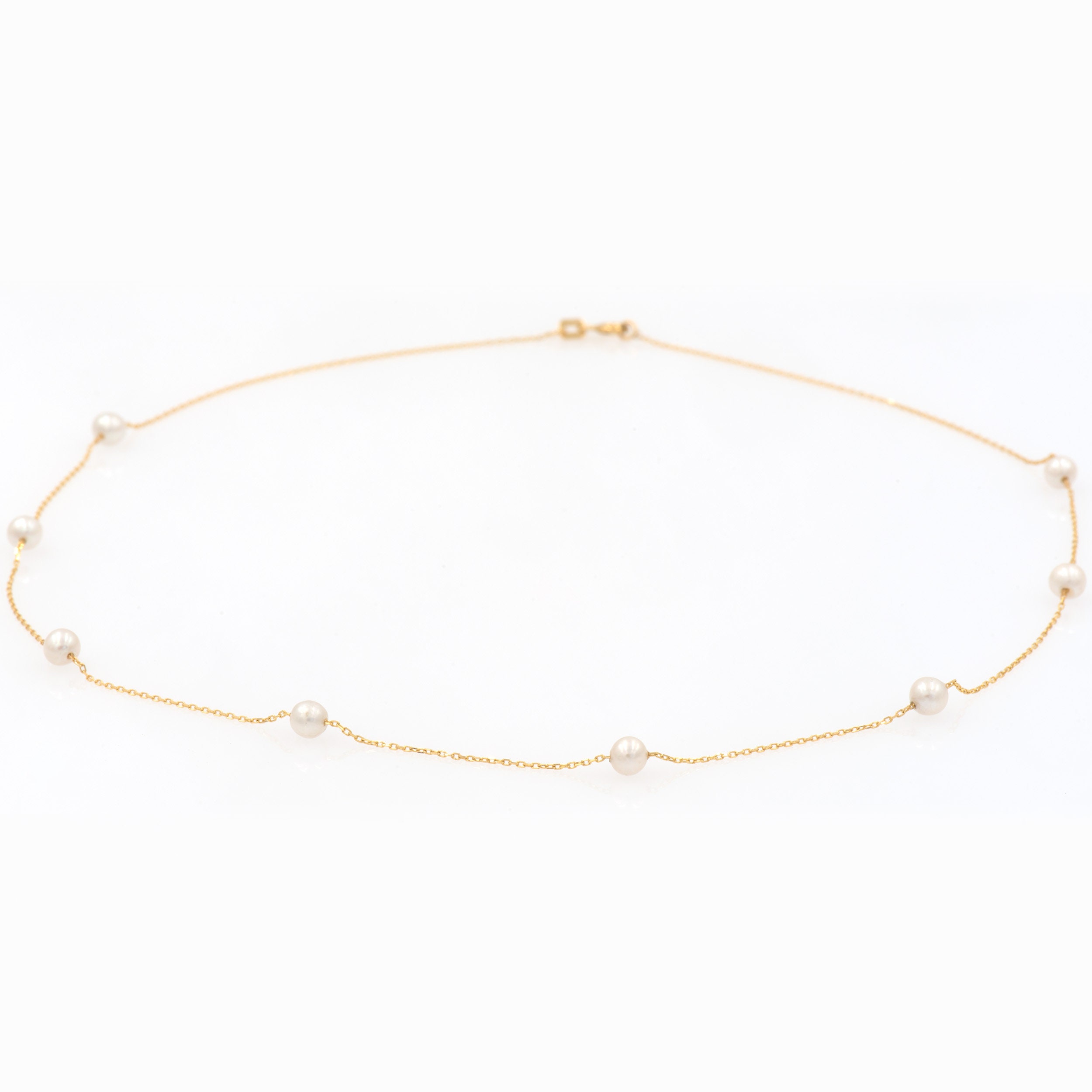 Floating White Pearls, Pearl necklace, Gold Wedding Necklace, 14k Station Necklace, Solid Gold