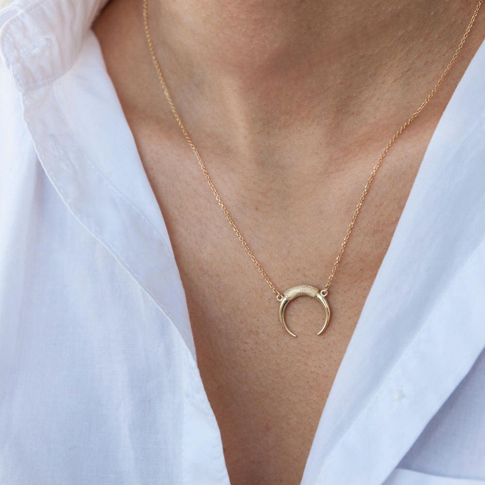 Horn Necklace, Gold Horn Necklace, Double Horn Necklace, Moon Necklace