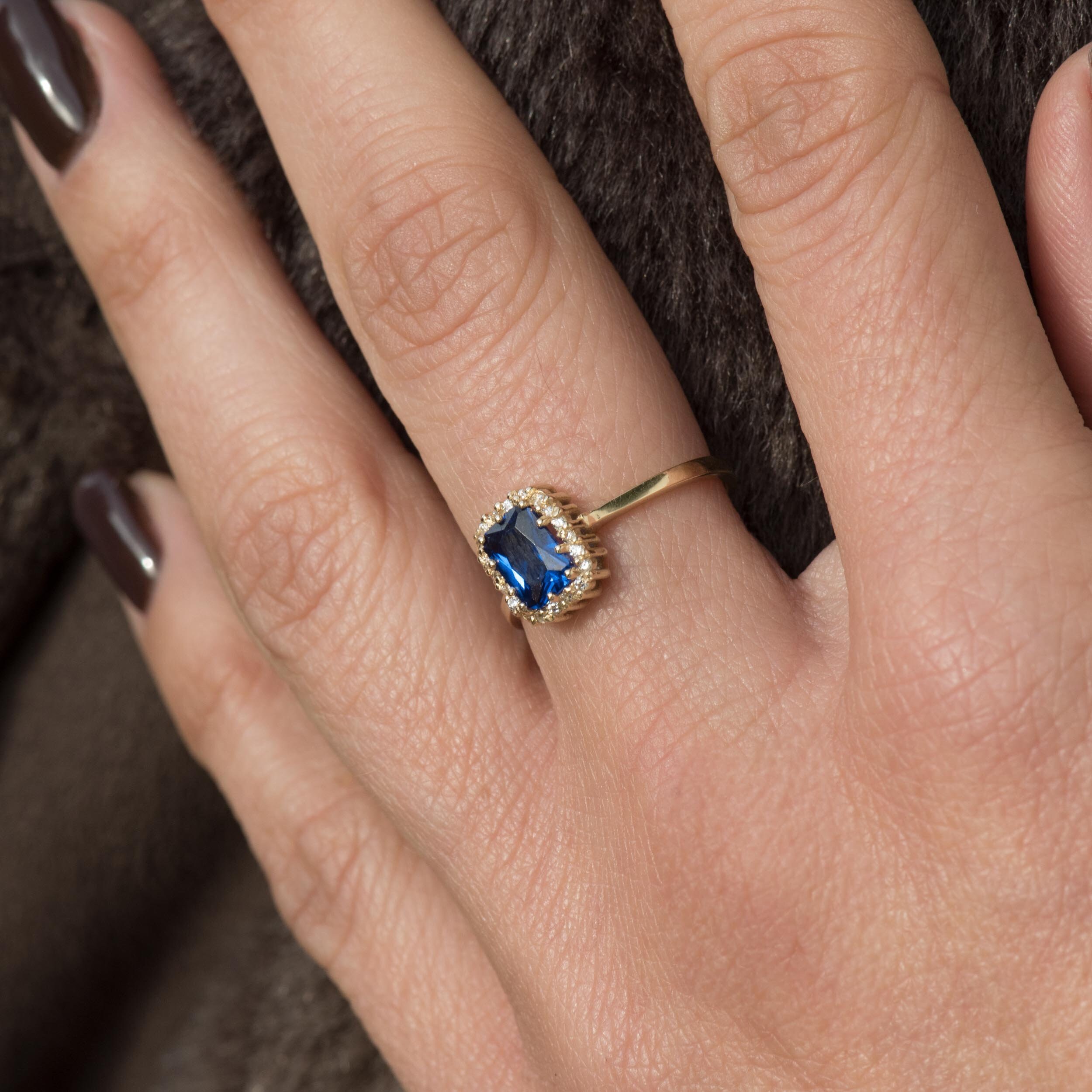 Halo 5x7mm Emerald Cut Lab Created Sapphire Ring, Solid Gold 14k
