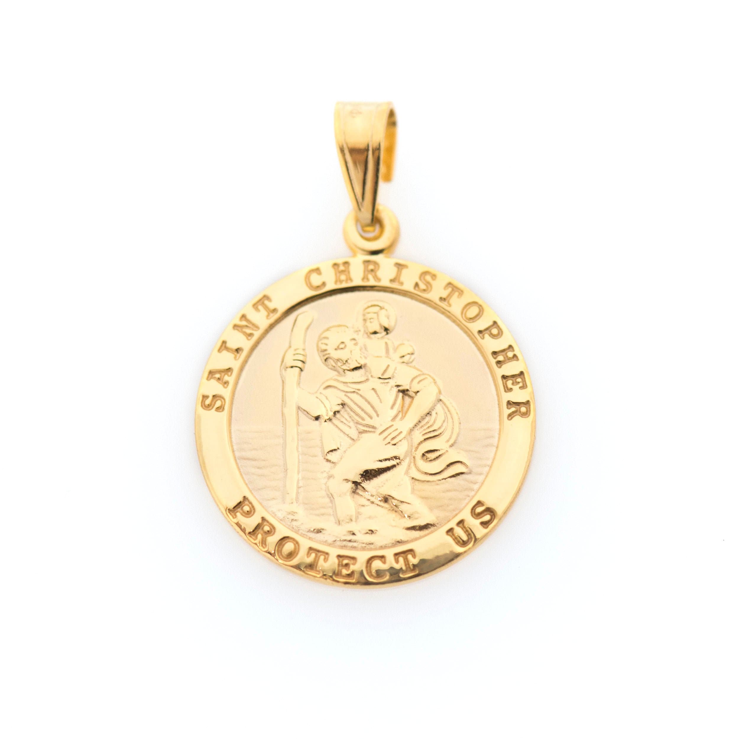 GOLD Saint san st christopher pendant 14k YELLOW round charm necklace .90”
