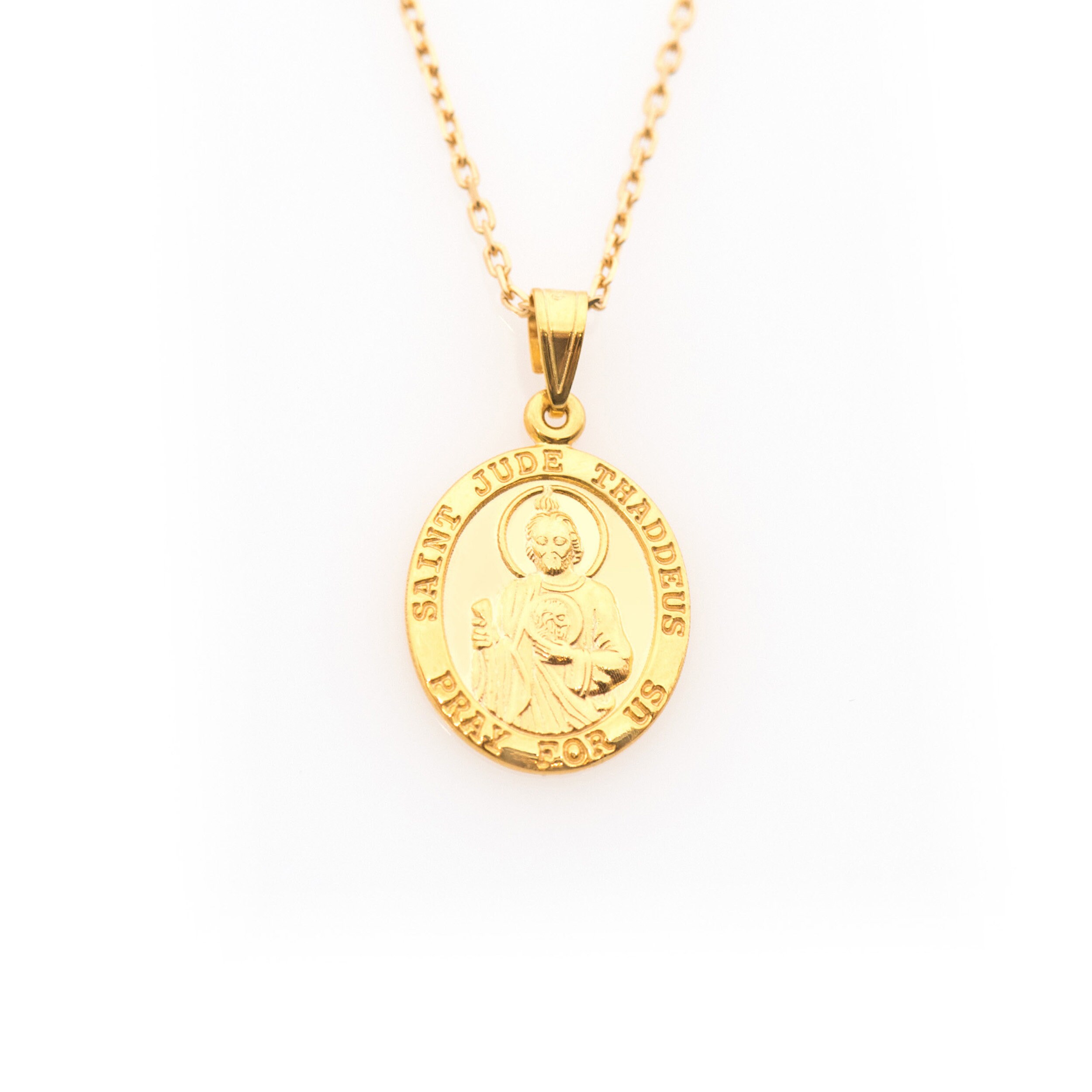 14K Solid Yellow Gold Saint Jude Pray for US Medal Pendant Charm Oval Necklace Charm Engraved
