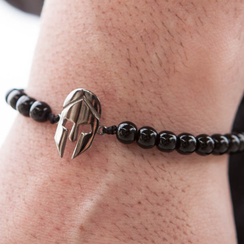 Onyx Bracelet, Helmet Bracelet, Mens Bracelet, Spartans Helmet, Black