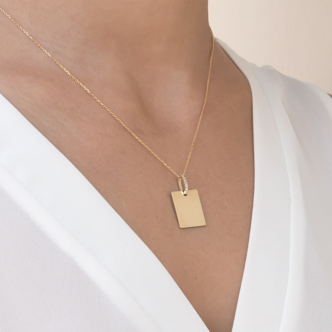Solid Gold Tag Necklace 14k Gold ID Necklace Square Pendant Etsy