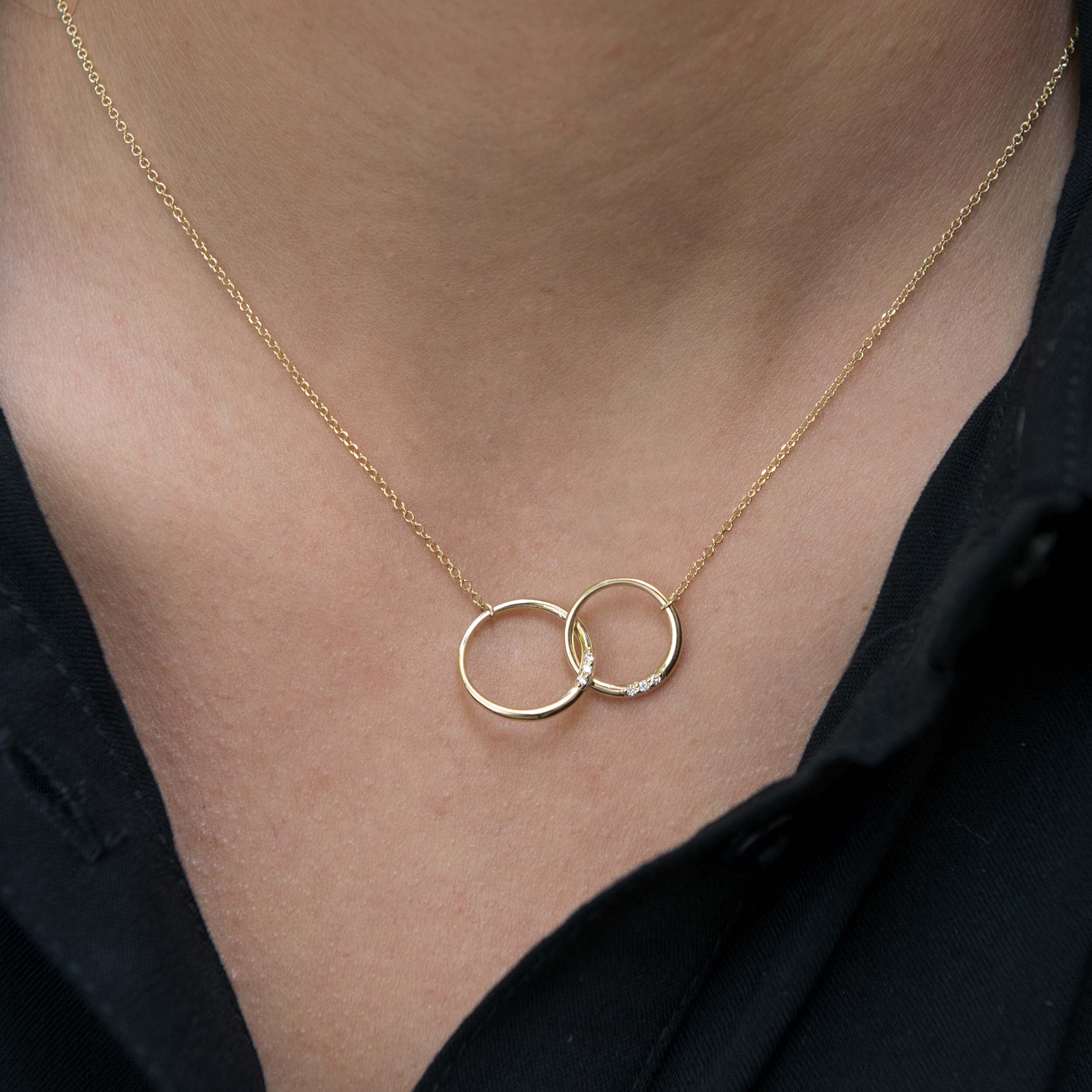 Diamond Necklace, Gold Linked Rings, Linked Rings Necklace, Double Circle Charm, Karma Necklace