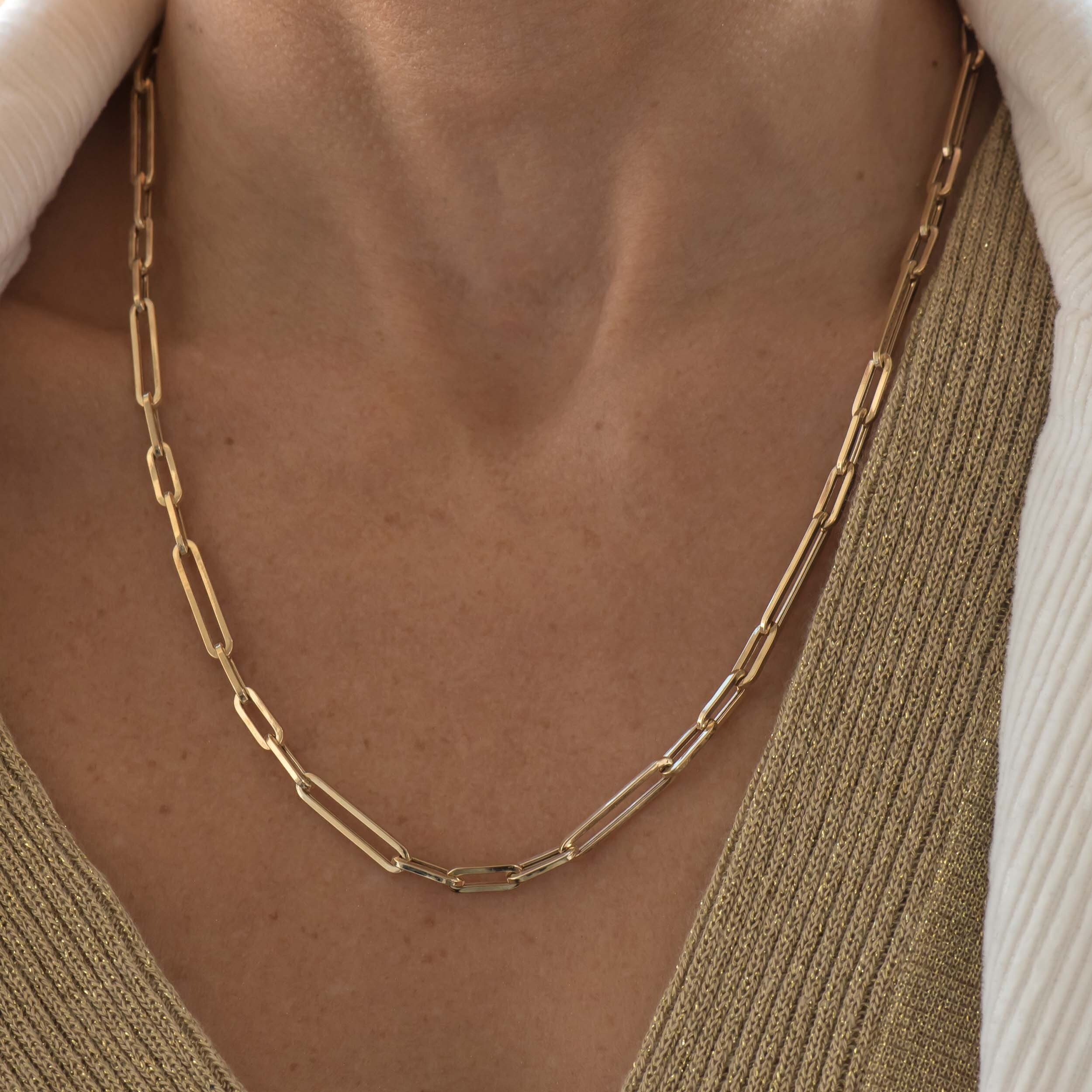 Oval Link Elongated Chain/ Real Gold Paper Clip Chain Necklace / 14k