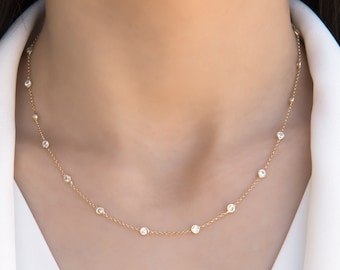 Dainty Cz Chain Necklace, Station Necklace, 14k Solid Gold, Bridal Gold Jewelry, Floating Cz Necklace, Minimalist Necklace, Bridesmaid Gift