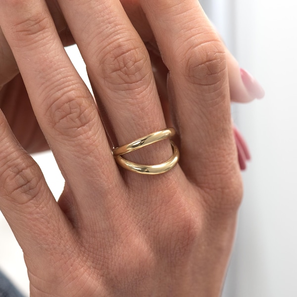 Double Dome Ring, Solid Gold K14, Band Ring Gold, Statement Ring, Open Ring, Stacking Ring, Minimalist Ring, Chunky Gold Ring, Sister Gift