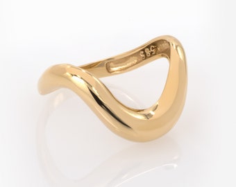 Anillo ondulado asimétrico de oro de 14k, anillo de oro curvado plano ondulado, anillo de figura de forma amorfa, anillo de oro sólido de 14k, regalo de aniversario de anillo de apilamiento