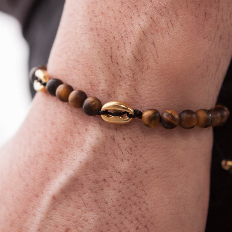 Tiger eye Bracelet, Gold Button Bracelet, Mens Bracelet, Beaded