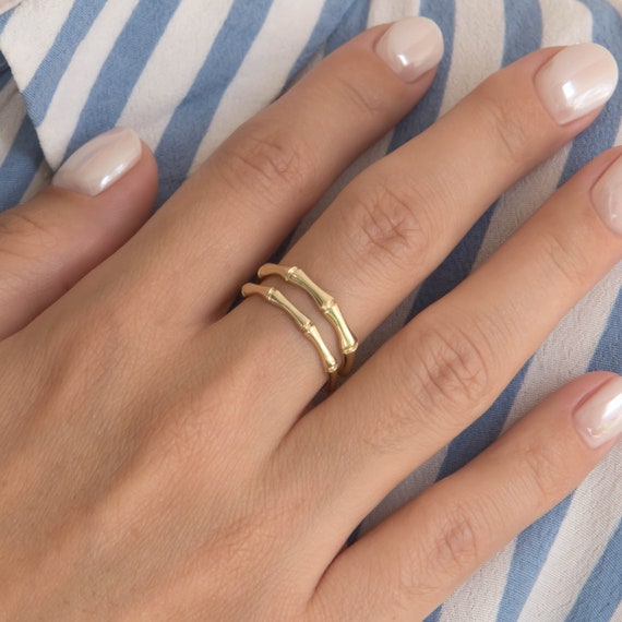 14K Solid Gold Bamboo Ring Bamboo Ring Gold Band Statement Ring