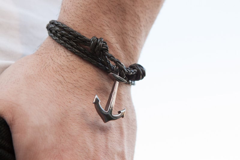 Anchor Bracelet, Wrap Leather Bracelet, Mens Anchor Bracelet, Nautical Jewelry, Silver Anchor