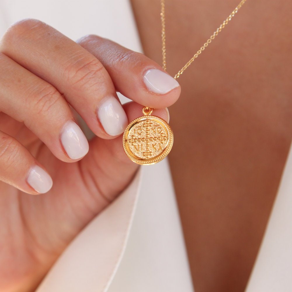 Christian Necklace, Greek Christian Necklace, Real Gold 14k Coin, Byzantine Cross Charm