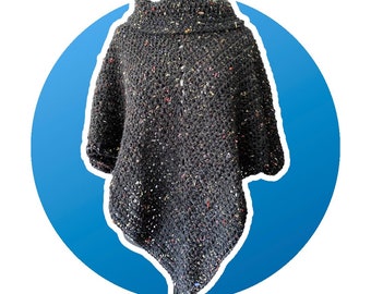 Charcoal Tweed Cowl Neck Poncho Shawl