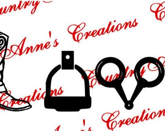 May include: Black and white silhouette design of the word "LOVE" with a cowboy boot, horseshoe, and stirrup. The word "LOVE" is in all caps.