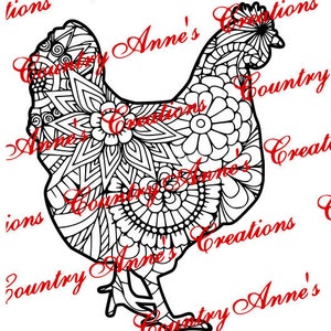 May include: A black and white line art illustration of a chicken with intricate floral and geometric patterns. The chicken is facing right and has a large comb and wattle.