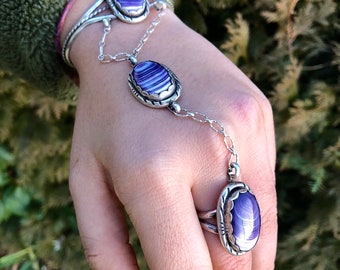 Fabulous Wampum Sterling Silver hand Chain Bracelet and ring. oval shaped piece elegant and a statement piece. Formal. Eastern woodlands