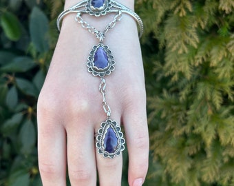 Fabulous Wampum Sterling Silver hand Chain Bracelet and ring. Tear shaped piece elegant and a statement piece. Sky dome. Eastern woodlands