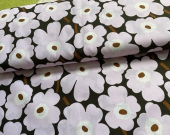 May include: Purple and white floral fabric with a dark brown background. The fabric features a repeating pattern of large, stylized flowers.