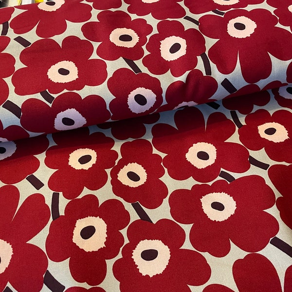 Marimekko red beige Mini Unikko cotton fabric , sold by half yard, from Finland, Maija Isola design